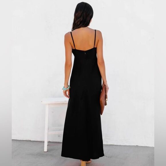 🍓Paris Atelier & Other Stories Black Tie-Front Maxi Dress w/ Slit |Sexy - Picture 2 of 6